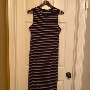 Athleta sleeveless midi-dress, blue with maroon & white stripes